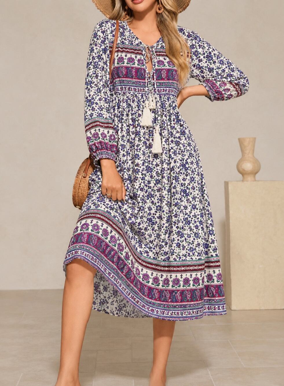 R. Vivimos Floral Paisley Boho Peasant Midi Dress Ivory Purple XL 16/18